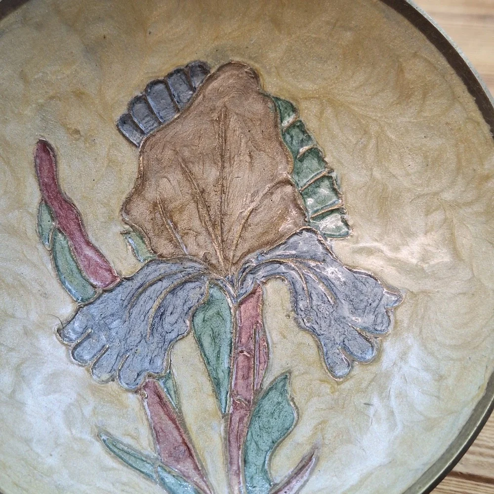 vintage brass decorative‎ wall plate featuring a hand-painted enamel iris Design